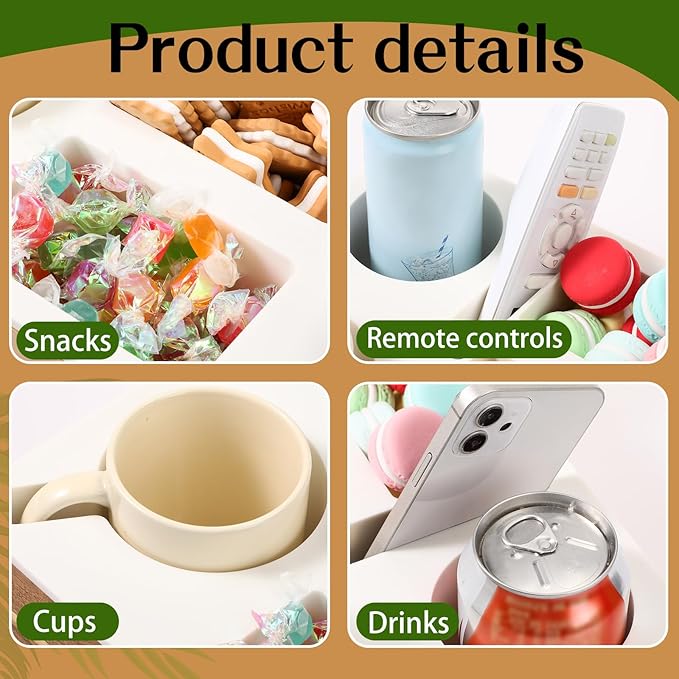 Yerliker Couch Cup Holder Tray, Silicone Lining Couch Caddy Waterproof Anti-spill Sofa Cup Holder for Bed Car Seat Organizer, Hold Mugs, Drinks, Snacks, Phones, Remotes(Rectangle,White,Acacia)