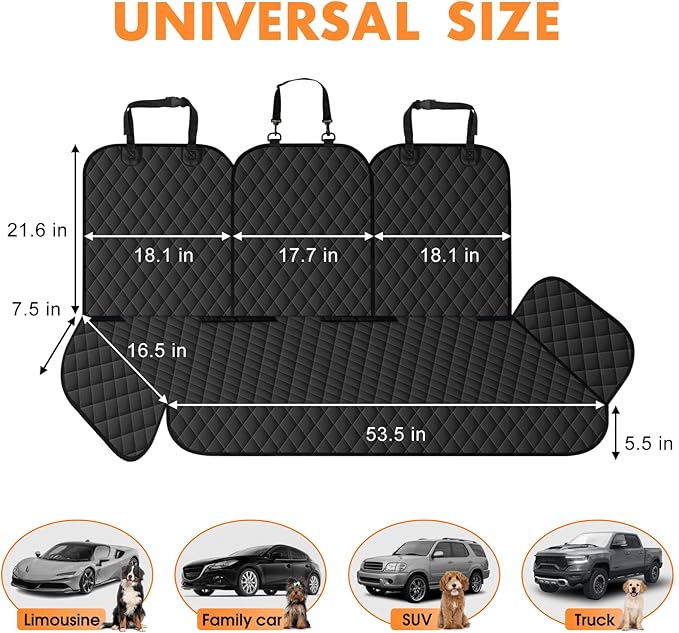 Dog Car Seat Cover for Back Seat - Waterproof, Non-Slip, Pet Bench Seat Covers, with 60/40 Split Bench Fit, Universal Size for Sedans, Trucks & SUVs, Machine Washable, Non-Stick Fur & Durable, M-Black