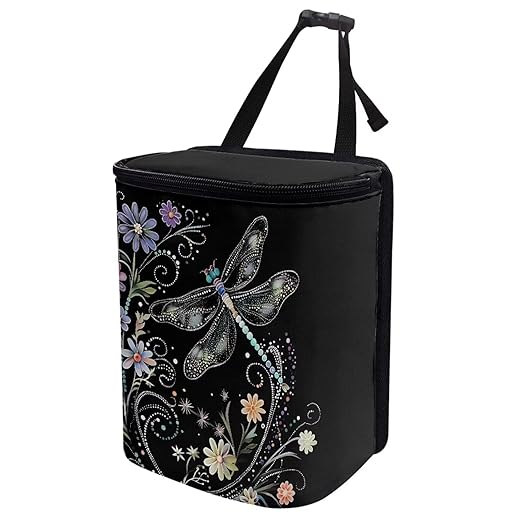 Talayituse Dragonfly Flower Print Car Trash Can with Lid, Leak Proof Auto Trash Bag Hanging Vehicle Garbage Can Multipurpose Storage Container for Back Seat Road Trip