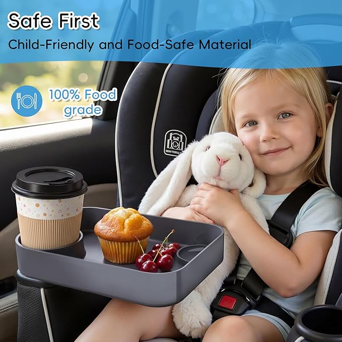 Kids Car Seat Tray, Travel Tray with Cup Holder for Toddler Baby, Kids Car Seat Food Snack Organizer for Road Trip, Stroller Snack Organizer Travel Must Haves Toddler Must Haves (Dark Gray, 1PCS)