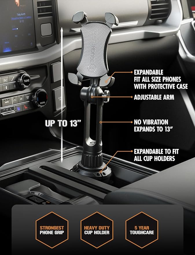 ToughTested Boom Adjustable Mobile Cup Holder Phone Mount, Features Bendable, No-Vibration Boom Arm, Expandable Phone Grip with 360 Degree Rotation, Quick Release Button, Compatible with Smartphones