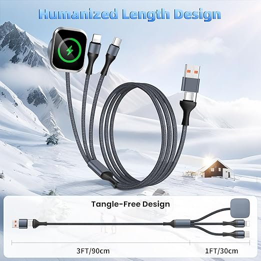 Travel Cruise Essentials 3 in 2 Multi Charging Cable Cord for iWatch Charger/IP/USB C, Braided USB A/C Cable iPhone Charger for Multiple Devices,Car Accessories for iWatch Series/iPhone 17-11/iPad-4FT