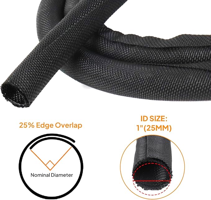 Self-Closing Split Braided Cable Organizer,Curly Cord Protector for Car High Temp Harness Sleeve/Computer Desk Audio Wire Covers (Black 1"-22ft)