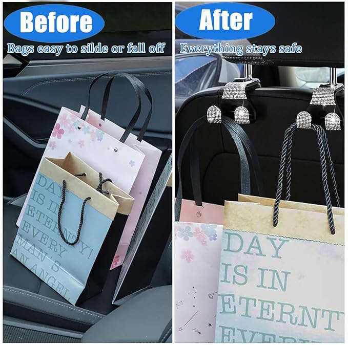 MTGOCHA Bling Car Purse Hooks 2Pcs, Durable Car Headrest Hook, Holds 44Lbs, Double-Hooks, Wide-Opening, Rhinestone Automobile Purse Hangers Holder, Bling Car Accessories for Women, Pink