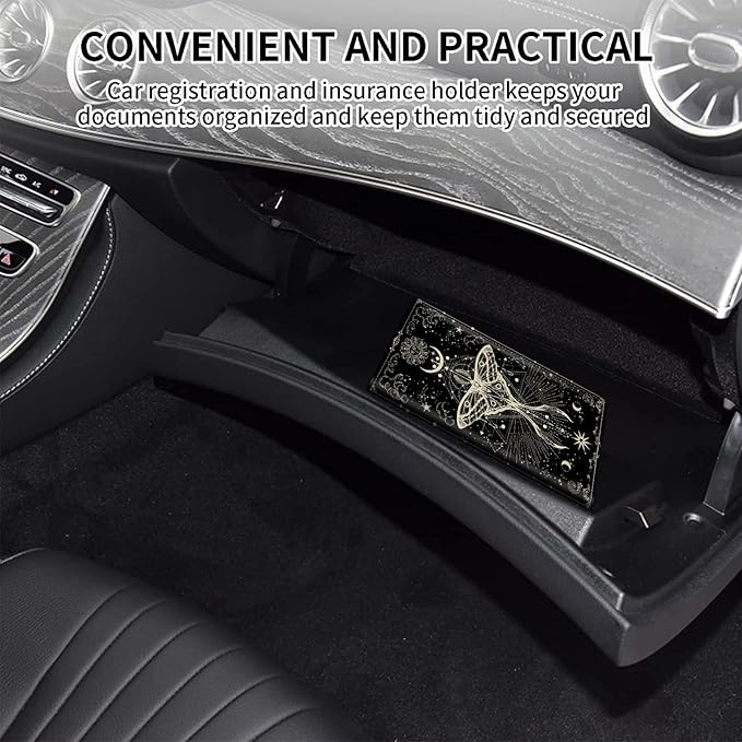 Car Registration and Insurance Card Holder, Premium PU Leather Vehicle Wallet Cover for Glove Box Car Organizer Drivers License/Cards/ID Essentials Document Holder, Witch Moth Moon Phase