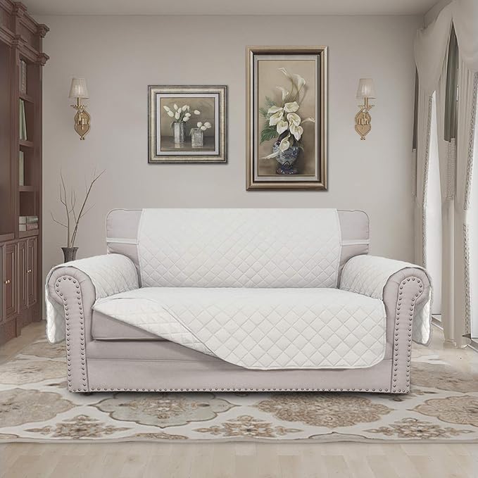 Easy-Going Reversible Loveseat Couch Cover for 2 Cushion Couch Sofa Cover for Dogs Water Resistant Furniture Protector with Foam Sticks Elastic Straps for Pet (Loveseat, Ivory/Ivory)