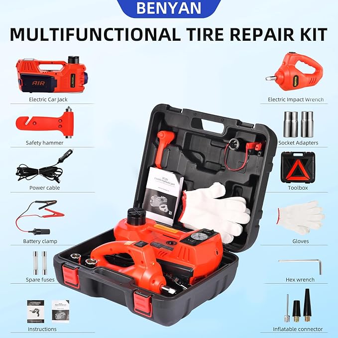 Electric Car Jack Kit 5 Ton 12V Floor Jack with Impact Wrench and Tire Inflator Pump Portable Hydraulic Car Jack for SUV Sedans Tire Change with LED Light, Lifting Height 6 to 17.7 Inch