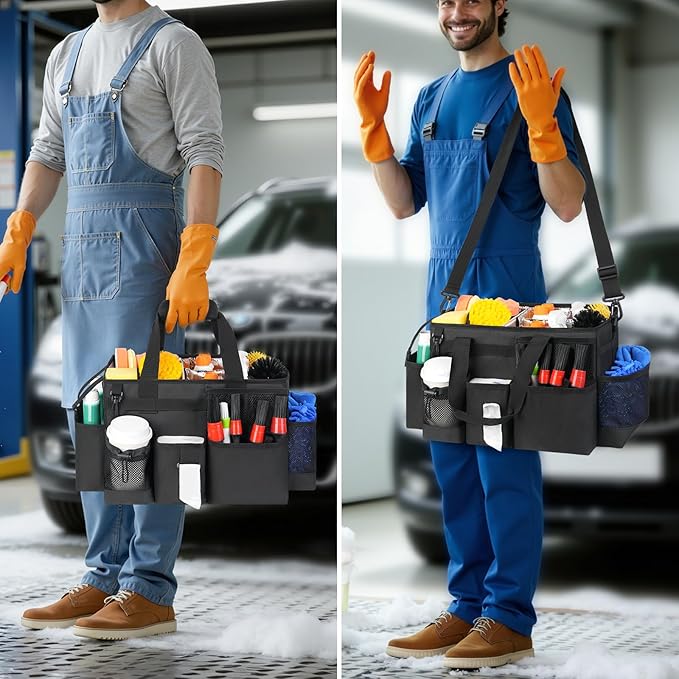 Wearable Detailing Caddy, Car Care Carrying Bag with Handle and Detachable Padded Cushion for Auto Cleaning Supplies & Vehicle Wash Tools, Black