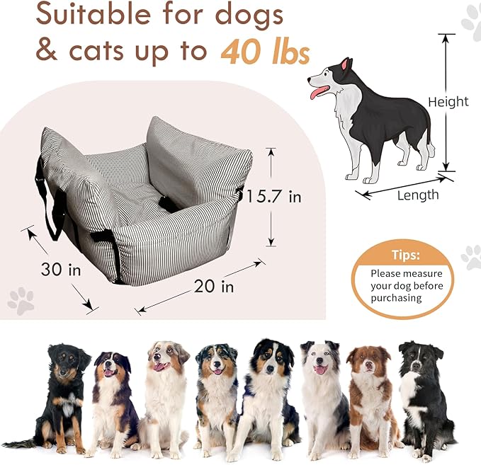 Dog Car Seats for Small/Medium Dogs Under 40 lbs - Elevated Pet Seat with Safety Belt, Non-Slip Base, and Storage Pockets for Car Travel,Brown