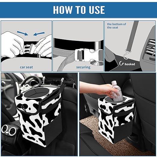 Western Black White Cow Print Car Trash Can with Lid Collapsible Reusable Waterproof Car Garage Bag,Automotive Garbage Can,Car Accessories Interior Car Organizer