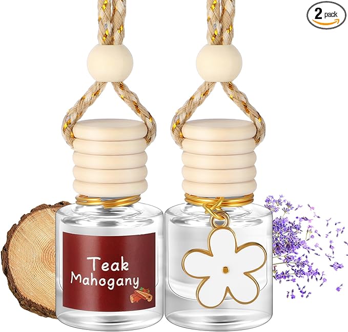 Siifert 2 Sets Hanging Car Air Freshener and Essential Oil Diffuser, Car Air Freshener Daisy Essential Oil Diffuser Long Lasting Automobile Aromatherapy(White,Teak Mahogany)
