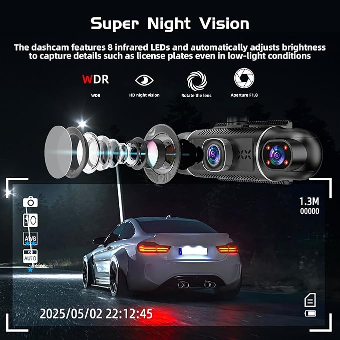 5 Channel 360° Dash Cam for Cars, 2160P/1080P UHD, Super Night Vision with IR LEDs, Built-in 5G WiFi, G-Sensor, 24H Parking Monitoring, 64GB TF Card Included, 3" Screen