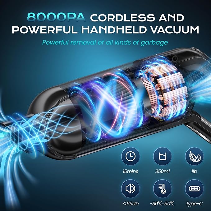 Handheld Vacuum Cordless, Portable Car Vacuum with LED Light,Rechargeable Small Vacuum Cleaner with Powerful Suction,Lightweight Vacuum Cleaner for Car Home Office Pet Hair,Black
