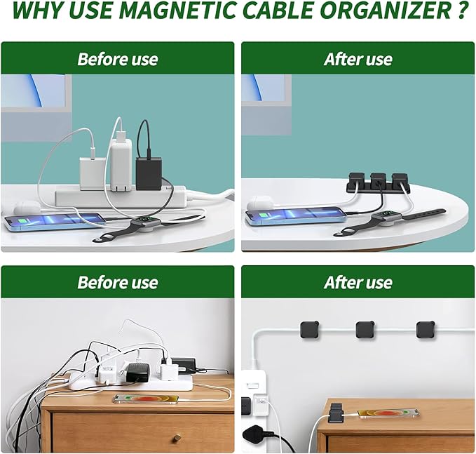 Magnetic Cable Organizer for Desk – Upgraded Wire Clips with Adhesive Base – Desktop Cord Holder for USB, Charging Cables – 6 Clips + 1 Magnetic Base (Black)