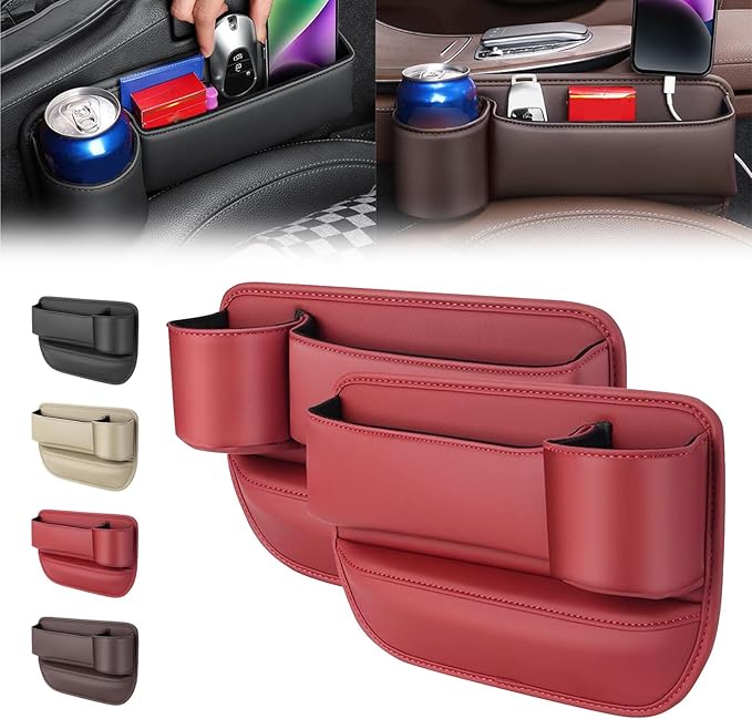 2 Packs Universal Car Seat Gap Storage Box, 2025 Car Leather Cup Holder Gap Bag, Adjustable Car Gap Seat Filler Organizer with Cup Holder for Glasses Phones Keys Cards (Red)
