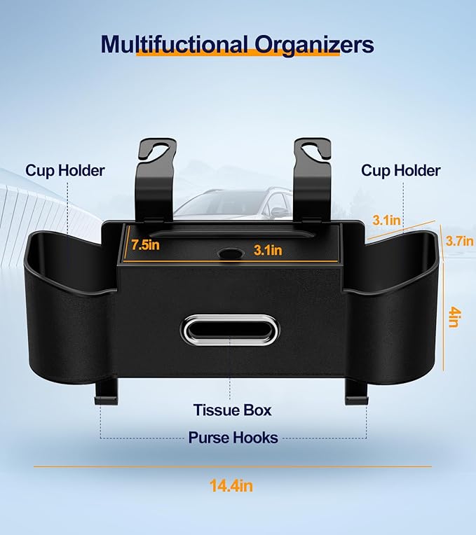3-in-1 Car Organizers and Storage Box, Multifunctional Car Seat Back Storage Box with Tissue Holder, 2 Cup Holders & Purse Hooks, Back Seat Car Organizer for Kids and Travel (Black)