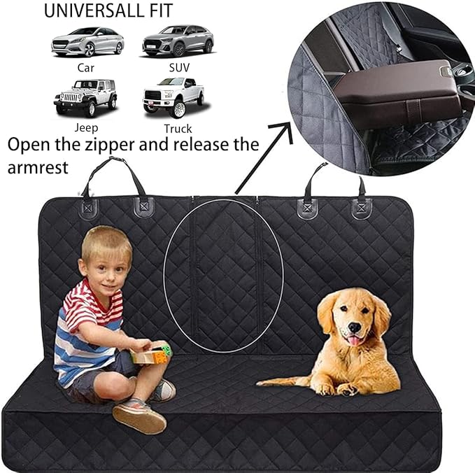 BESULEN Dog Car Seat Cover for Back Seat, Waterproof Dog Bench Seat Pad Compatible for Armrest & Seat Belt, Universal Nonslip Durable Soft Pet Backseat Protector for Cars Trucks & SUVs (Black)