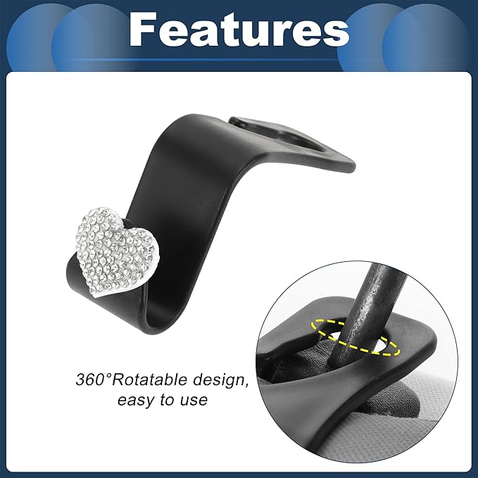 Car Seat Headrest Hook Interior Accessories for Most Car, SUV, Truck Car Seat Back Organizer Hooks Plastic Rhinestone Sturdy White 2.4"x1.26"