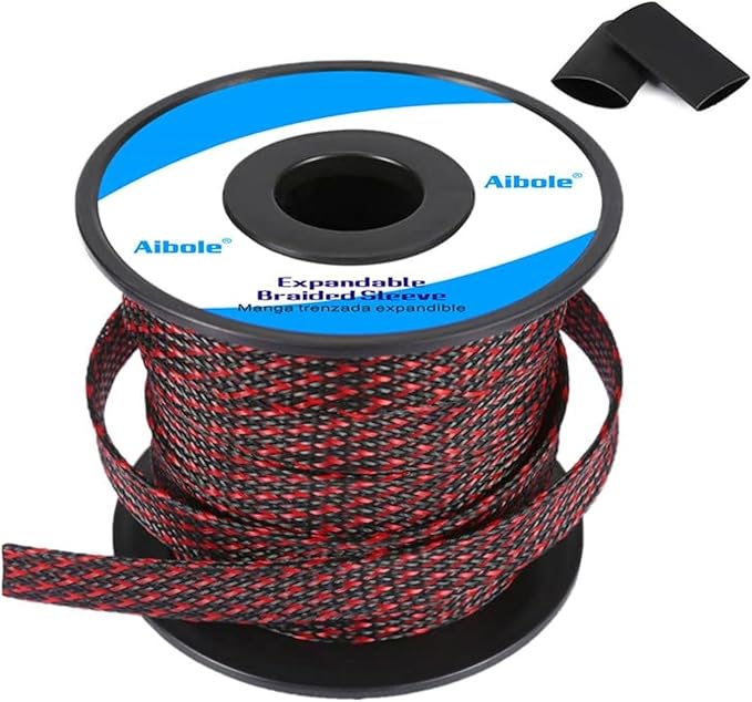 100Ft-1/2inch PET Expandable Braided Wire Sleeving,Wire Loom Cable Sleeve for TV,Computer,Home Theater,Automotive,Home Industrial,Electrical Wires,Chemical,Protect Cat from Chewing Cords,BlackRed