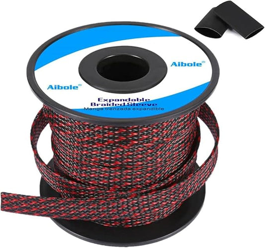 100Ft-1/2inch PET Expandable Braided Wire Sleeving,Wire Loom Cable Sleeve for TV,Computer,Home Theater,Automotive,Home Industrial,Electrical Wires,Chemical,Protect Cat from Chewing Cords,BlackRed