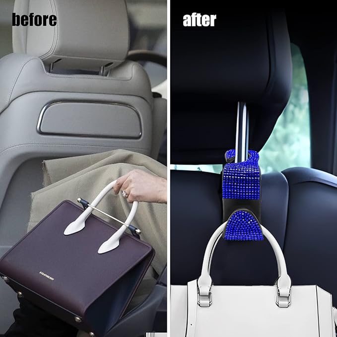 OSIFIT 2PCS Car Seat Hooks, Bling Car Rhinestone Headrest Hooks, Universal Bling Car Interior Accessories, for Handbag, Clothes, Purse, Water Bottle (Blue)