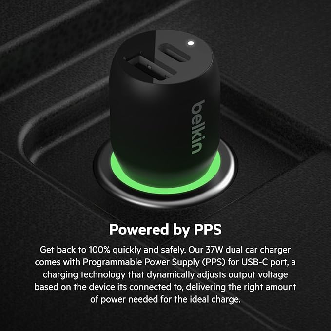 Belkin 37W Dual Port Fast Car Charger with 3.3ft USB-C Cable Included, USB-C 25W PPS Port and USB-A 12W Port for Galaxy S23, S23+, Ultra, Note20, iPhone 14, 13, 12, 11, Pro, Max, Mini and More