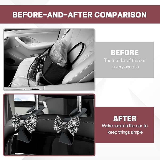 2PCS Bling Bow Car Seat Headrest Hook, Cute Bow Purse Hanger for Cars, Crystal Rhinestone Auto Seat Back Storage Hanging Hooks for Handbag Umbrella Coat Grocery Bags, Car Accessories (Black)
