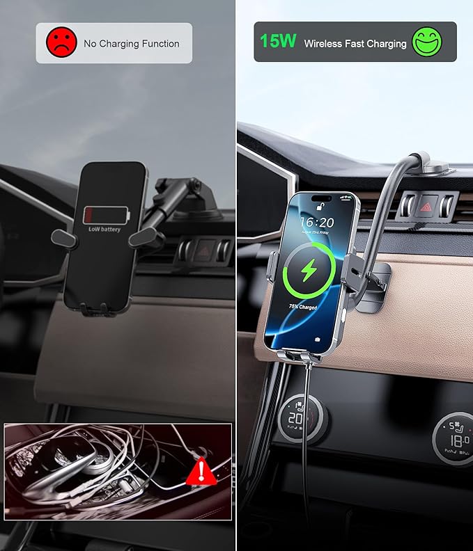 MOKPR Wireless Car Charger, Adjustable Gooseneck Car Mount Auto-Clamping Car Charger, Dashboard [with Anti Shake stabilizer] Phone Holder fit for iPhone 17 16 15 14 13 12, Samsung S24 S23 S22, etc