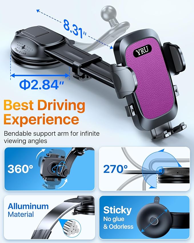 YRU [2026 Ultimate Car Phone Holder Mount [Bendable & Adjustable Aluminum Arm] Cell Phone Holder for Car Dashboard Windshield Phone Stand for iPhone 17 16 15 14 Pro Max Samsung Pickup Truck, Rose Red