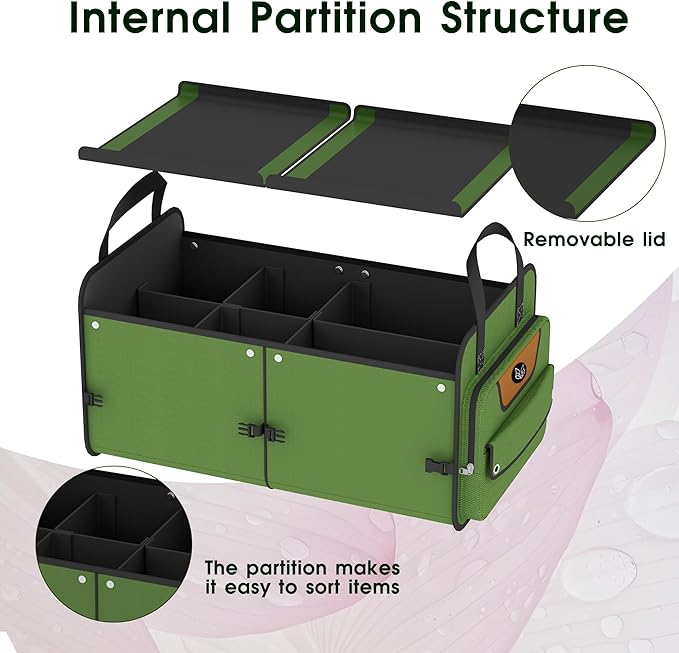 Trunk Organizer, Heavy-Duty Storage for Car & SUV, Foldable Waterproof Car Organizer with Cooler, Collapsible Multi-Compartment Storage, 95L-M003 (Standard Green, Standard)