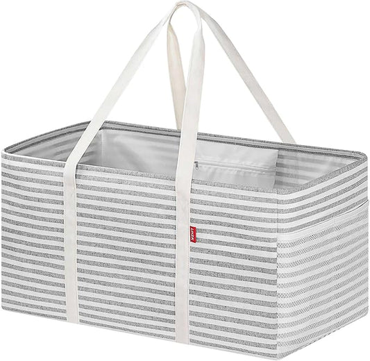 LHZK Standing Extra Large Utility Tote Bag with Metal Wire Frame and the Sides Rinforced, Extra Large Tote Bag with Handle, Reusable Grocery Bags Foldable, Beach Bag, Car Tote (Grey, 26''x15''x13'')