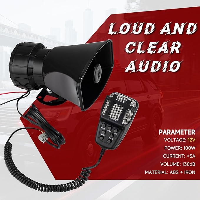 Alarm Horn Siren PA Speaker Mic System, BANHAO 100w 12v 7 Sound Loud Car Alarm Police Car Siren Speaker System Emergency Amplifier Kit for 12V Truck Lorry Boat Vehicle
