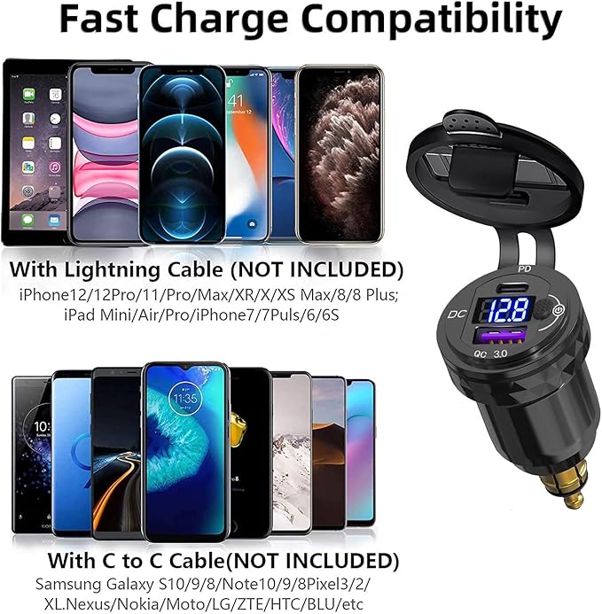 Motorcycle DIN/Hella USB Charger (NOT for Car Cigarette Socket), 36W PD3.0 & 18W QC3.0 Power Adapter with Switch, Voltmeter, Waterproof USB-C & USB-A Plug for BMW Ducati Triumph