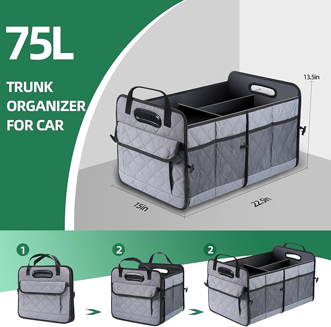 Car Trunk Organizer, 75L Large Capacity Waterproof Auto Storage with Non-Slip Bottom Strips, Collapsible Cargo Organizer for Suv, Truck, Sedan, Portable Car Accessories for Women Men(Grey)