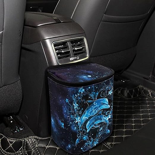 Talayituse Galaxy Dolphin Floral Print Car Trash Can Portable Auto Garbage Bin Multifunctional Vehicle Interior Accessories with Adjustable Straps Universal Fit Truck SUV Sedan