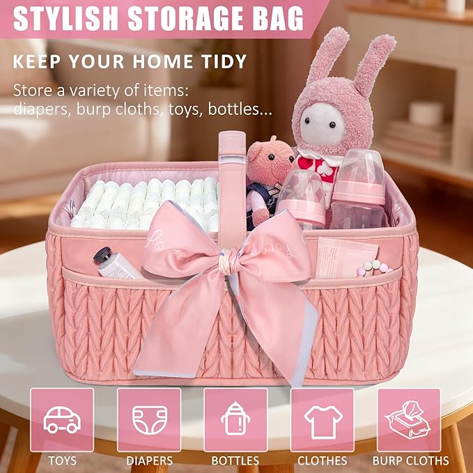 Baby Diaper Caddy Organizer - Large diaper basket with Adjustable Shoulder Strap, Portable Car Travel Tote Bag with Stroller Clips, Essential Newborn Girl Registry Gift, Pink