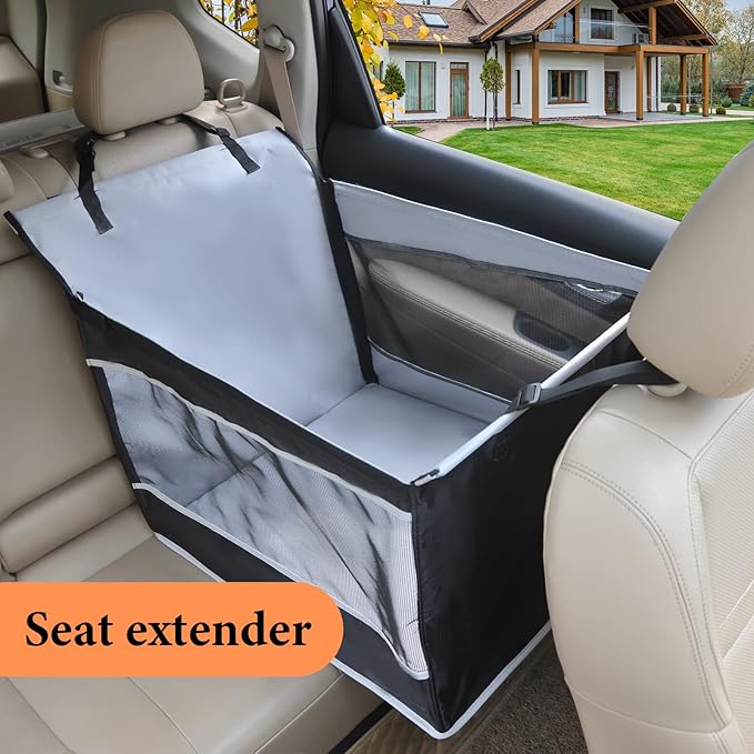 Dog Car Seat Large Medium Size Dog, Back Seat Extender for Dogs with Hard Bottom, Waterproof Fabric, Breathable Mesh Sides, Adjustable Seat Belt Leash, Carseat for Dogs with Non-Slip Bottom Grey
