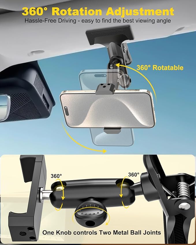 Sun Visor Car Phone Mount, Upgraded Durable All Metal - Cell Phone Holder for Car Visor, 360° Adjustable Steering Wheel Clip for iPhone 16 15 14 13 Pro Max, Glalaxy S A Serie, Z Flip,4-7" Phone