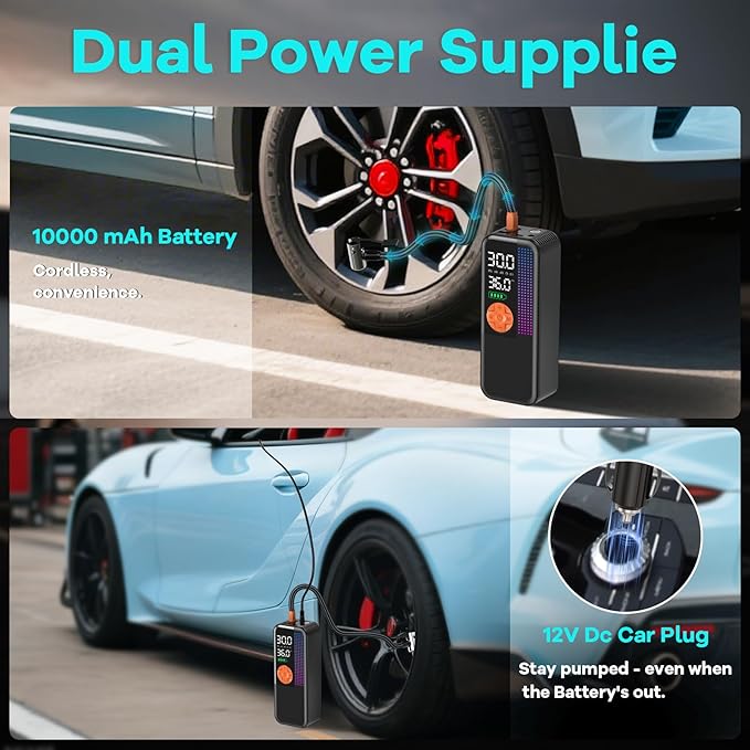 WEOLULI Tire Inflator Portable Air Compressor,150 PSI Cordless Air Pump, 12V DC Car Plug,Dual Power 10000mAh, Fast Inflation 24L/Min, 4 Preset Modes for Car, Bike, Motorcycle, Balls(Orange, 10000mAh)