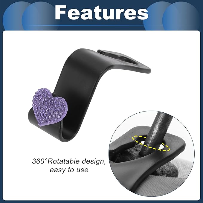 Car Seat Headrest Hook Interior Accessories for Most Car, SUV, Truck Car Seat Back Organizer Hooks Plastic Rhinestone Sturdy Purple 2.4"x1.26"