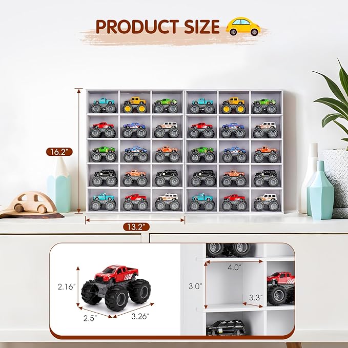 2 Pack Trucks Display Shelf, 15 Slot Toy Cars Display Case, Wall Mounted Toy Truck Storage Organizer Holder, White