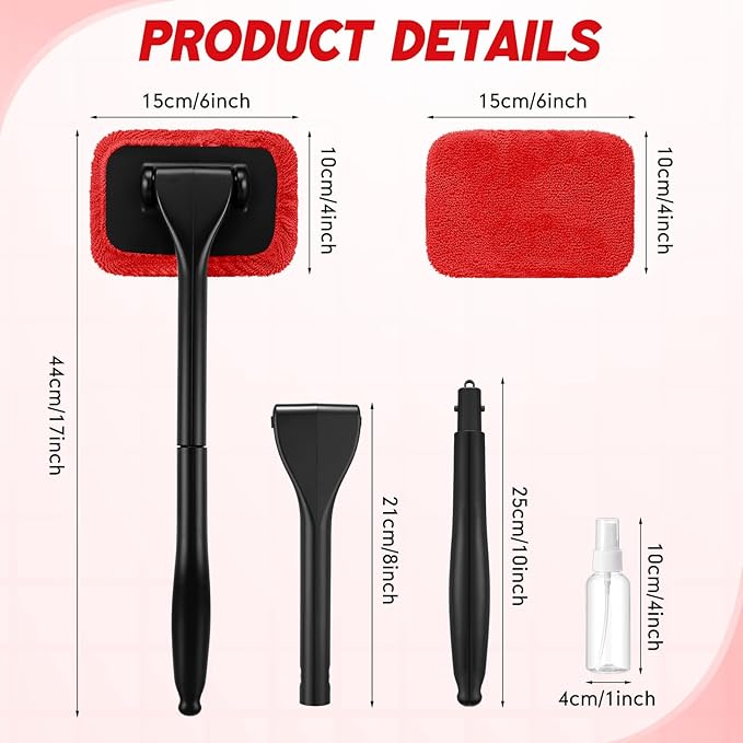 FoldTier 8 Pcs Car Windshield Cleaner Tool Kit with Removable Handle, Microfiber Towel Pads, Brush, Empty Spray Bottle for Auto Glass Wiper Suvs Rvs & Home Windows(Red)