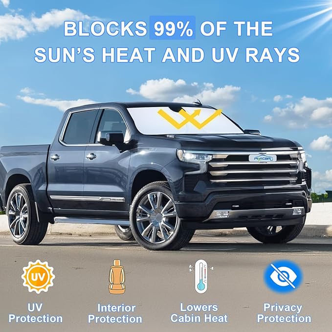 Windshield Sun Shade for 2022-2026 Refreshed Chevy Silverado 1500/GMC Sierra 1500, 2024-2026 Silverado/Sierra 2500HD 3500HD Front Windshiled Sun Visor UV Protection Foldable Sunshade
