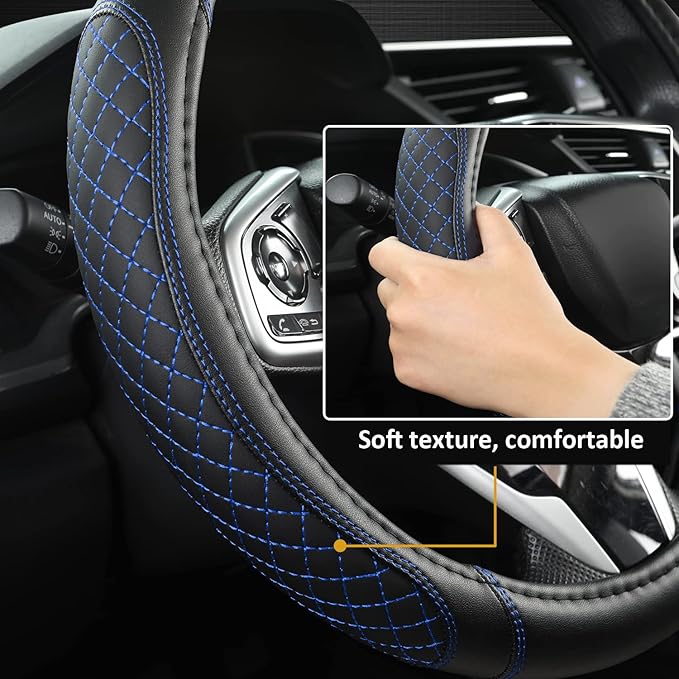 West Llama Customized Auto Car Steering Wheel Cover for Dodge RAM 1500 2500 3500, 15.5-16 inch (Diamond Quilted-Black+Blue-Large Size)