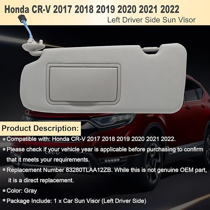 NHILES Driver Left Side Sun Visor Compatible with Honda CRV 2017 2018 2019 2020 2021 2022 Sunshade Number 83280TLAA12ZB Color: Gray