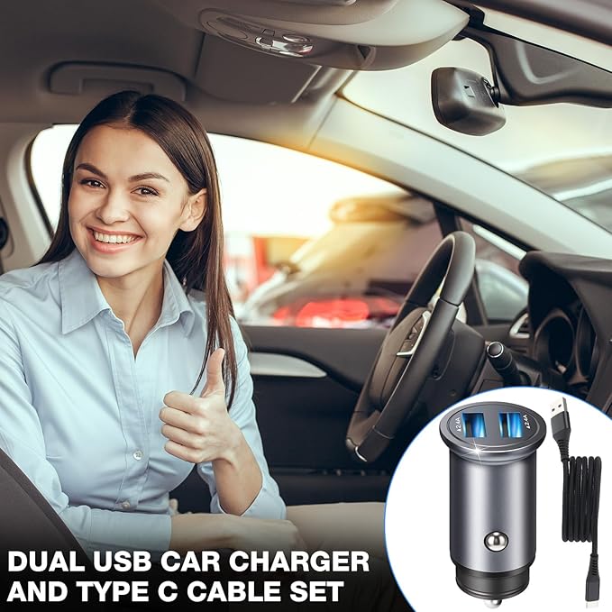 10 Pack Dual USB Car Charger and Type C Cable Set 24w Fast Charging, Aluminum Alloy Adapter with Nylon Braid Cables Compatible with USB Powered Devices