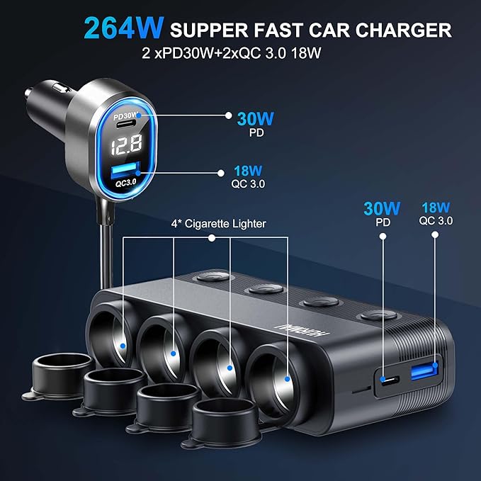 8 in 1 Cigarette Lighter Splitter, 264W 4 Socket Cigarette Lighter Adapter,Type-C QC3.0 PD 30W Charging, Heavy Duty Truck Car USB Chager Multi Plug Outlet 12V/24V Independent Switches, LED Voltmeter