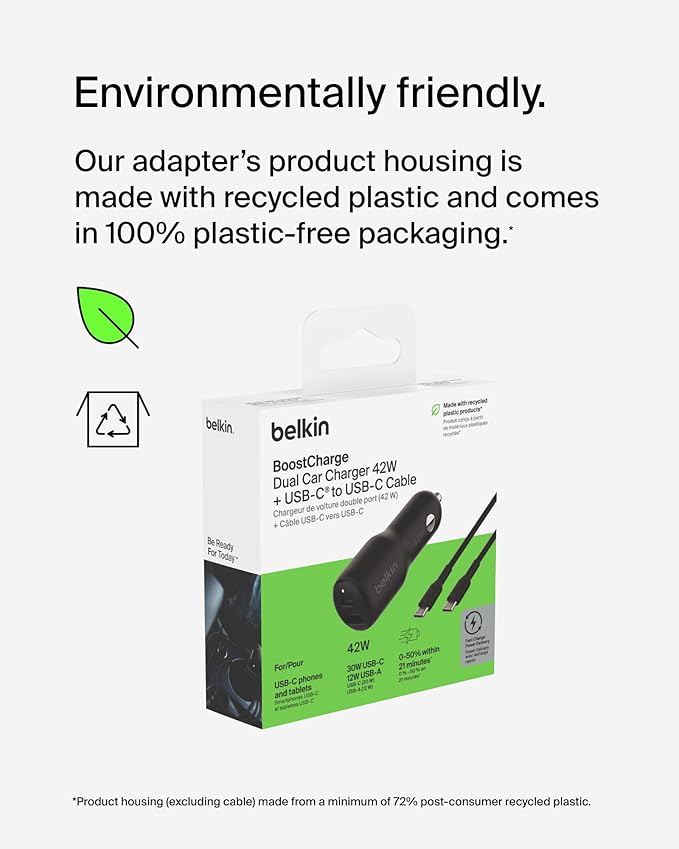Belkin BoostCharge 42-Watt Dual Port Fast Car Charger w/30W USB-C & 12W USB-A Ports, USB-C to C Cable Included for iPhone 16, 16 Pro, Galaxy S25, S24, Pixel 9 & 8, Nintendo Switch 2 & More - Black