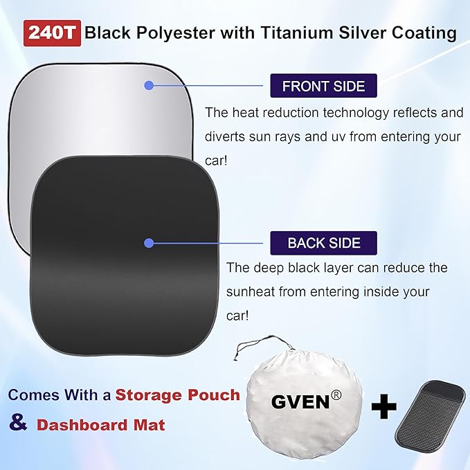 Gven Windshield Sun Shade 2pcs with Bonus Car Sunshade for Front Window Shades 2025 Technology Reflect UV and Heat Sun Visor Automotive Interior Sun Protection (Silver, M)