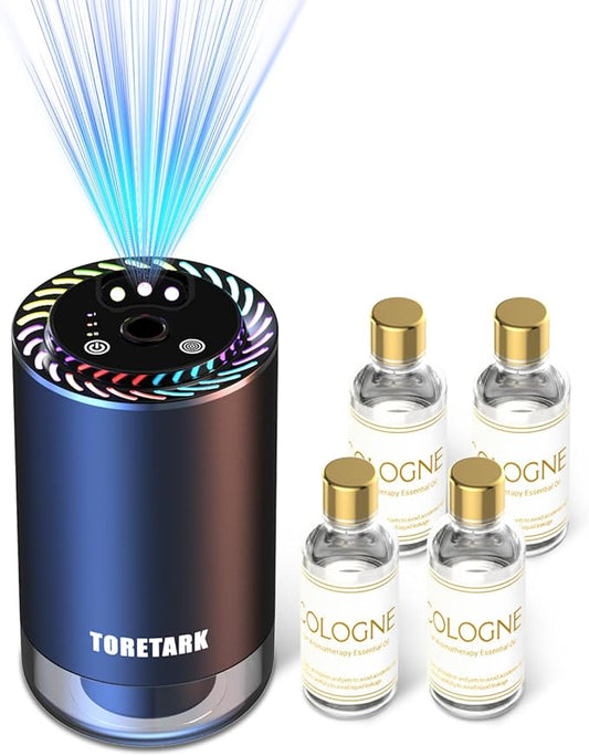 Smart Car Air Freshener with Star Light & 200ml Diffusers Oil Refills, Auto On/Off Aroma Diffuser, 3 Adjustable Mist Modes Rechargeable Aromatizante para Carro - Car Diffuser（Cologne*4）